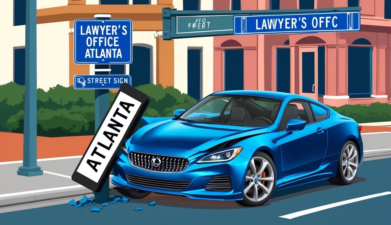 A sleek car crashed into a street sign in Atlanta.</p><p>A lawyer's office sign is visible in the background