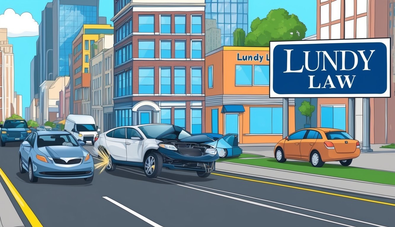 A busy city street with a car accident, a lawyer's office in the background, and a prominent "Lundy Law" billboard