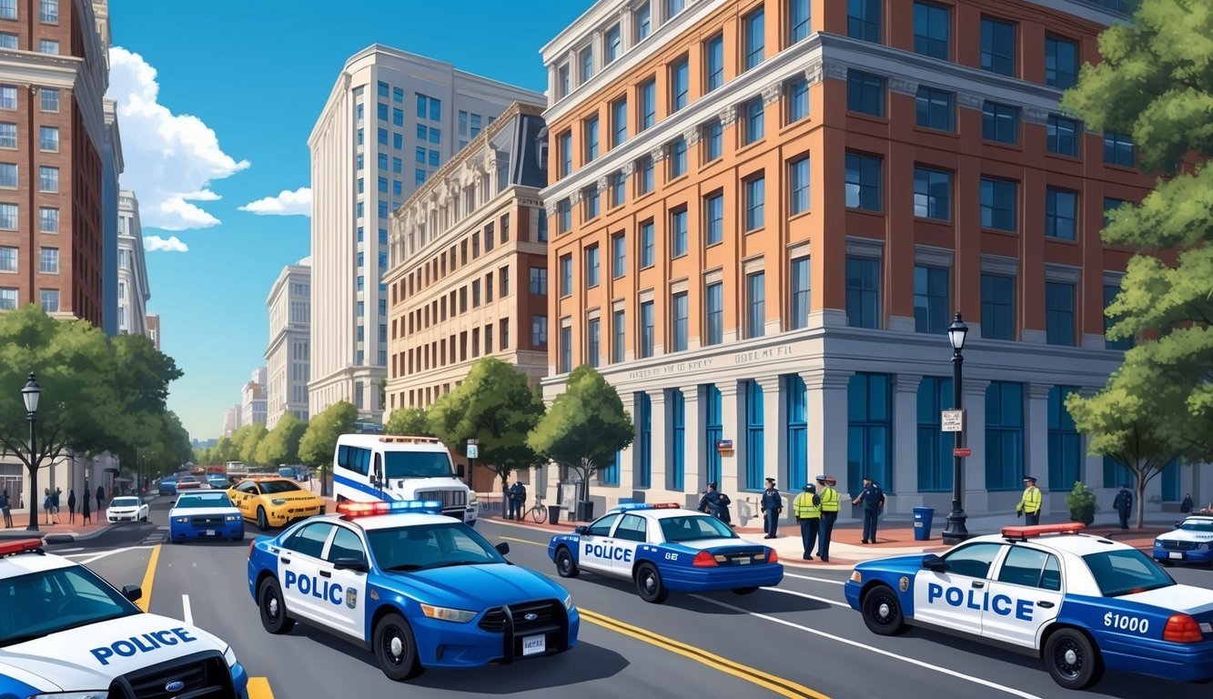 A bustling city street with a car accident scene, police cars, and a prominent law firm office building in Washington DC