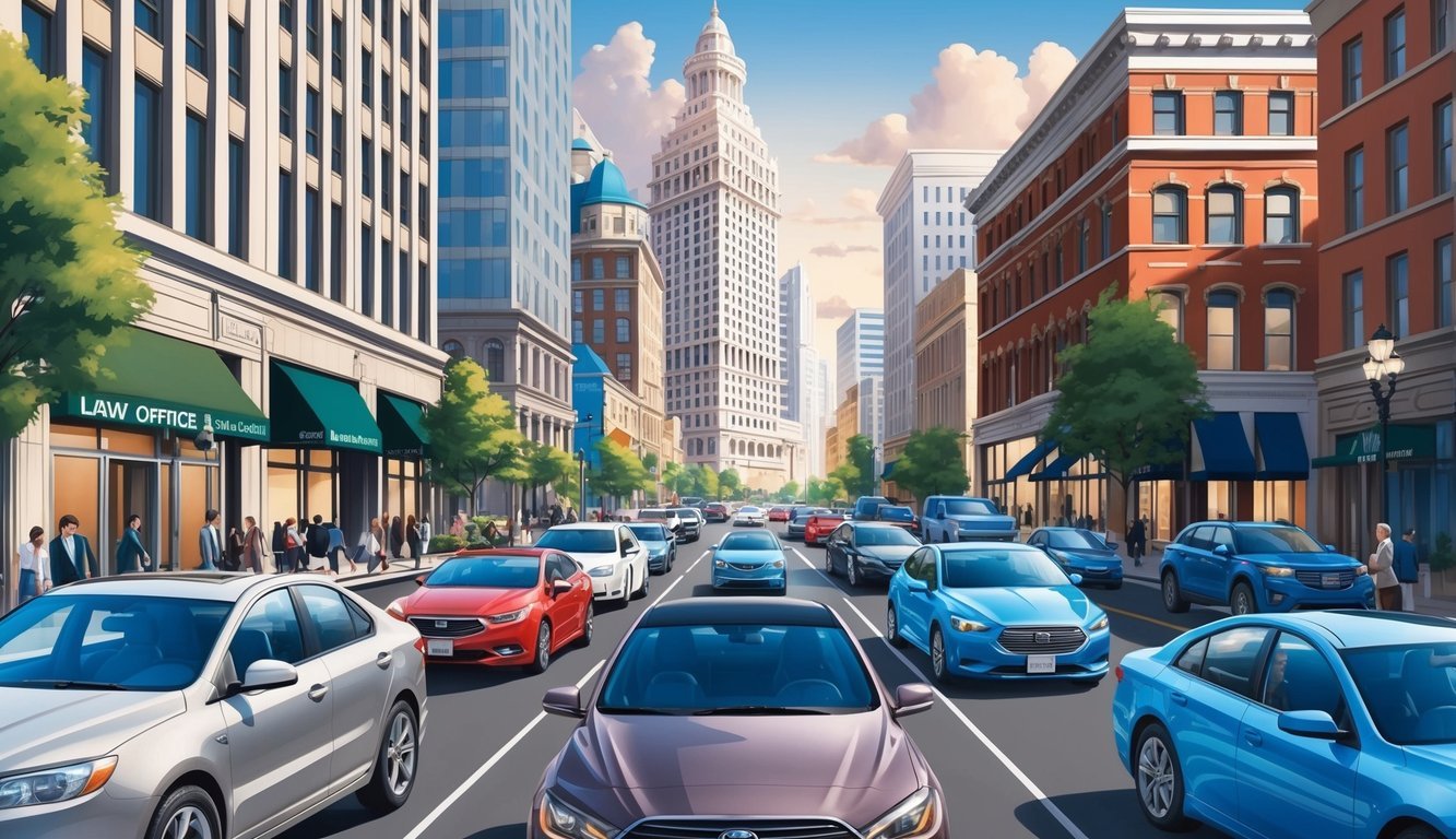 A bustling city street with cars and a law office building in the background