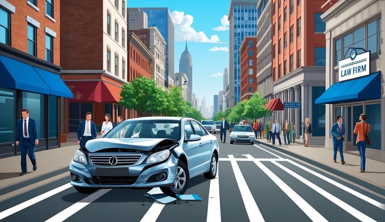 A busy city street with a damaged car and a group of people in the background, with a prominent law firm sign in the distance