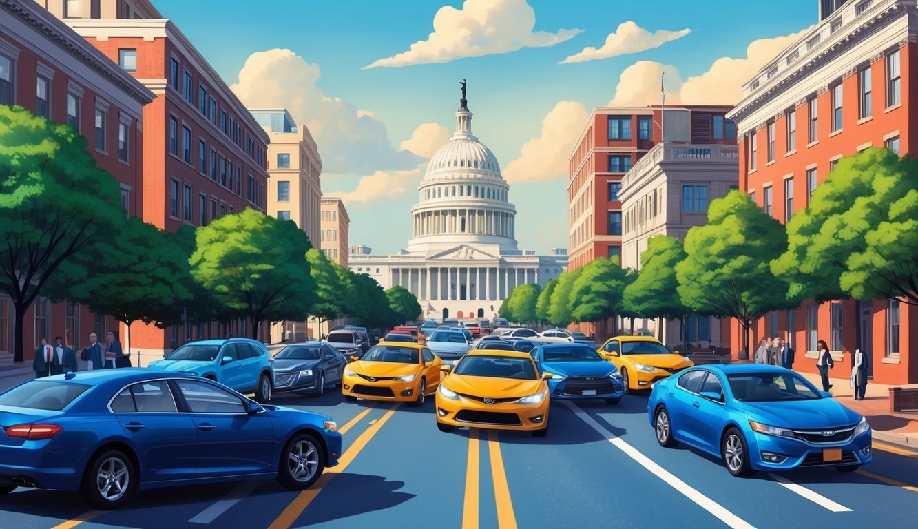 The bustling streets of Washington DC with cars colliding and a lawyer's office in the background