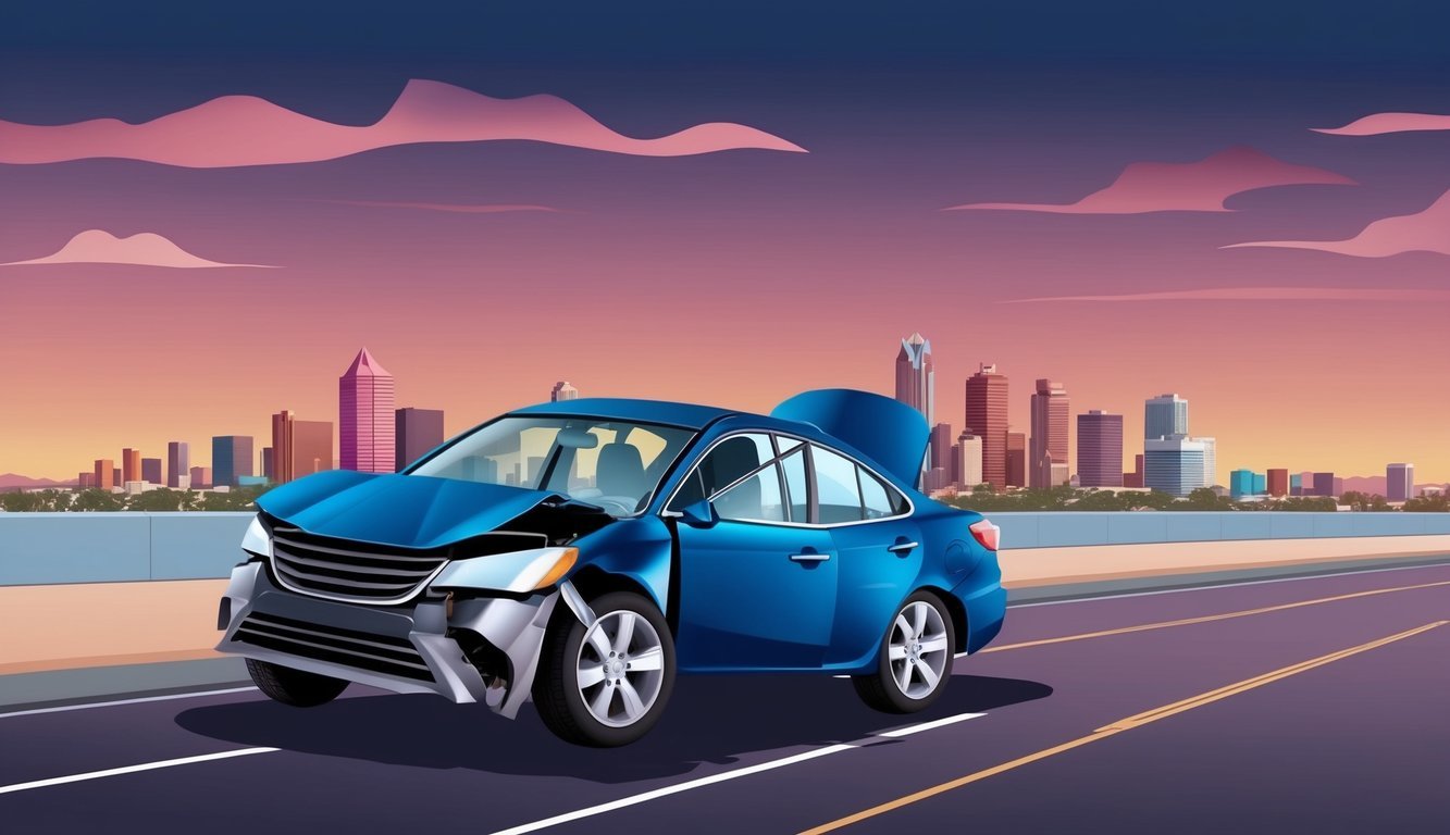 A car accident scene with a damaged vehicle and a Phoenix skyline in the background