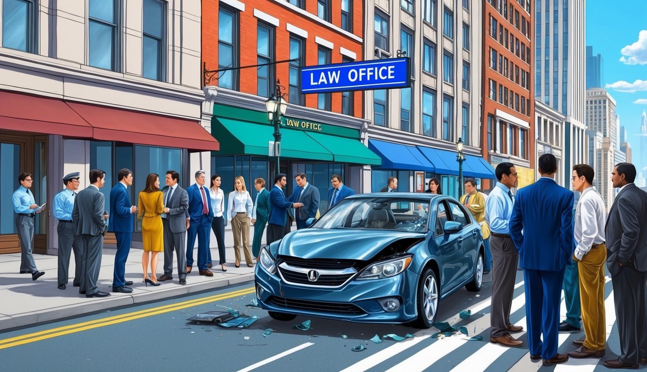 A busy city street with a damaged car and a group of people gathered around, with a prominent law office sign in the background