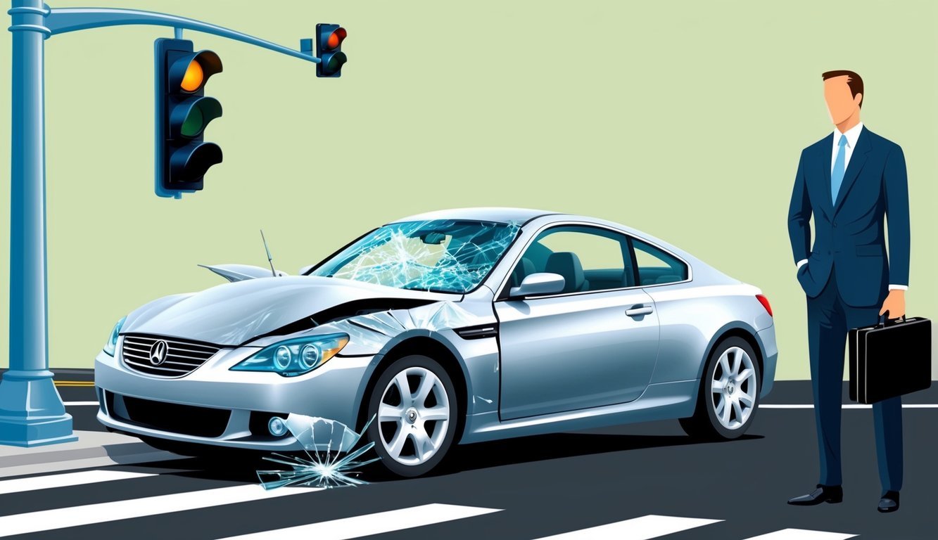 A sleek, silver car crashed into a traffic light, with a broken bumper and shattered glass.</p><p>A figure in a suit stands nearby, holding a briefcase