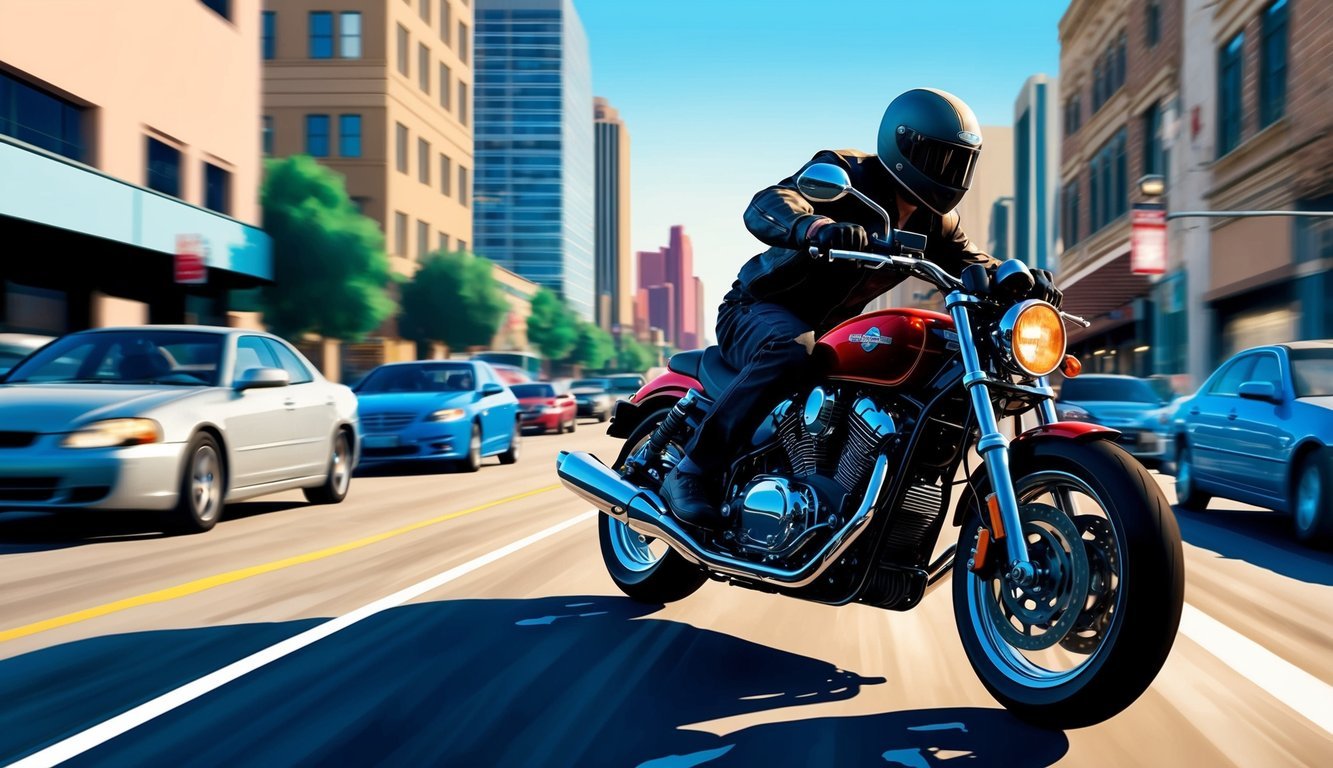 A motorcycle speeding down a busy Dallas street, surrounded by cars and buildings, with a sense of urgency and determination