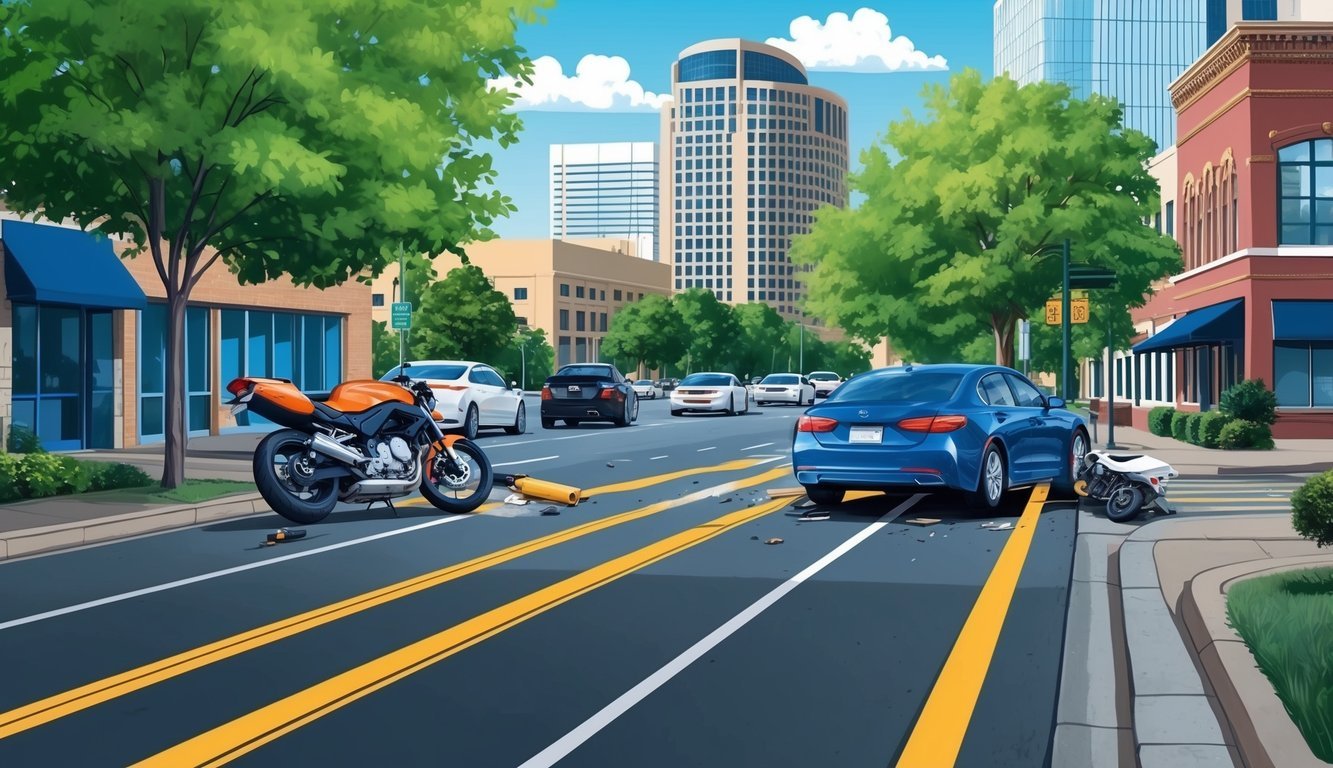 A busy Dallas street with a motorcycle accident scene, legal office in the background