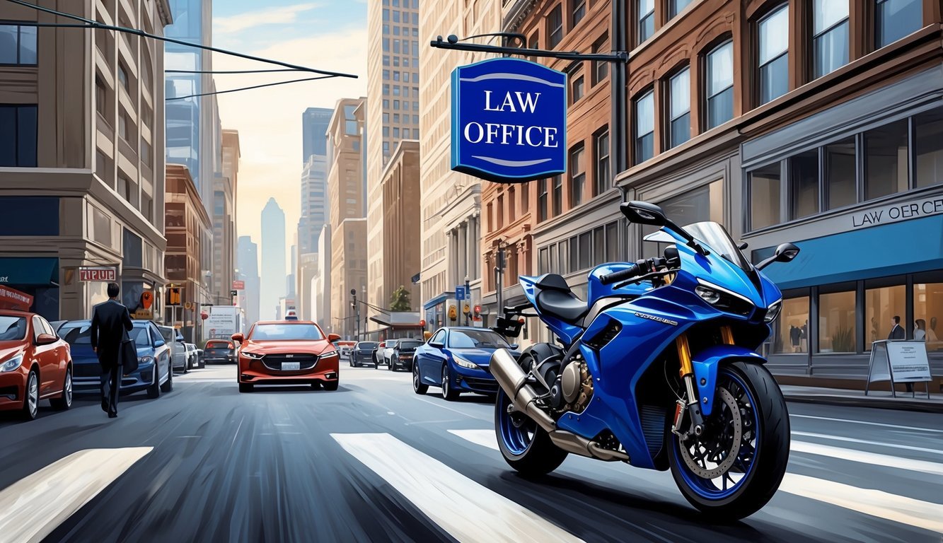 A bustling city street with a sleek motorcycle and a prominent law office sign