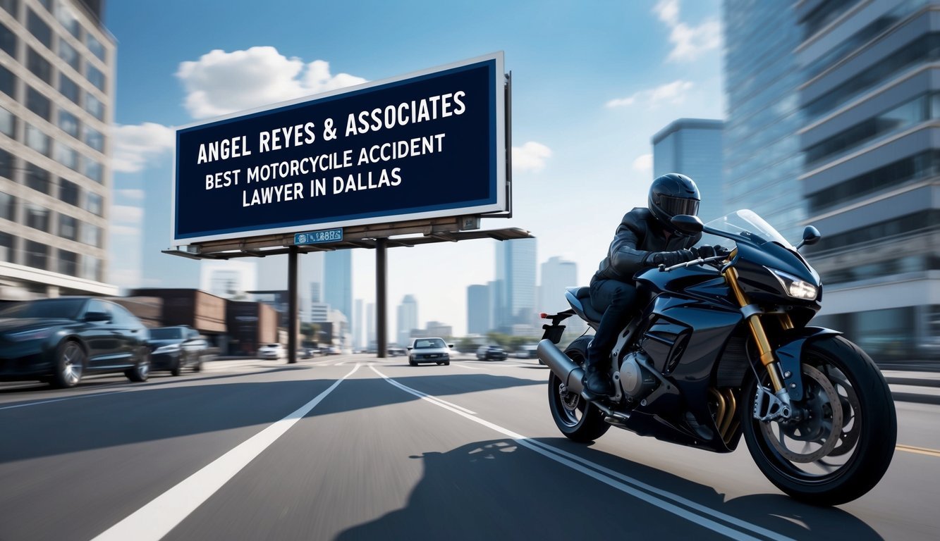 A sleek motorcycle speeding through the city streets, passing a billboard with the name "Angel Reyes & Associates - Best motorcycle accident lawyer in Dallas."