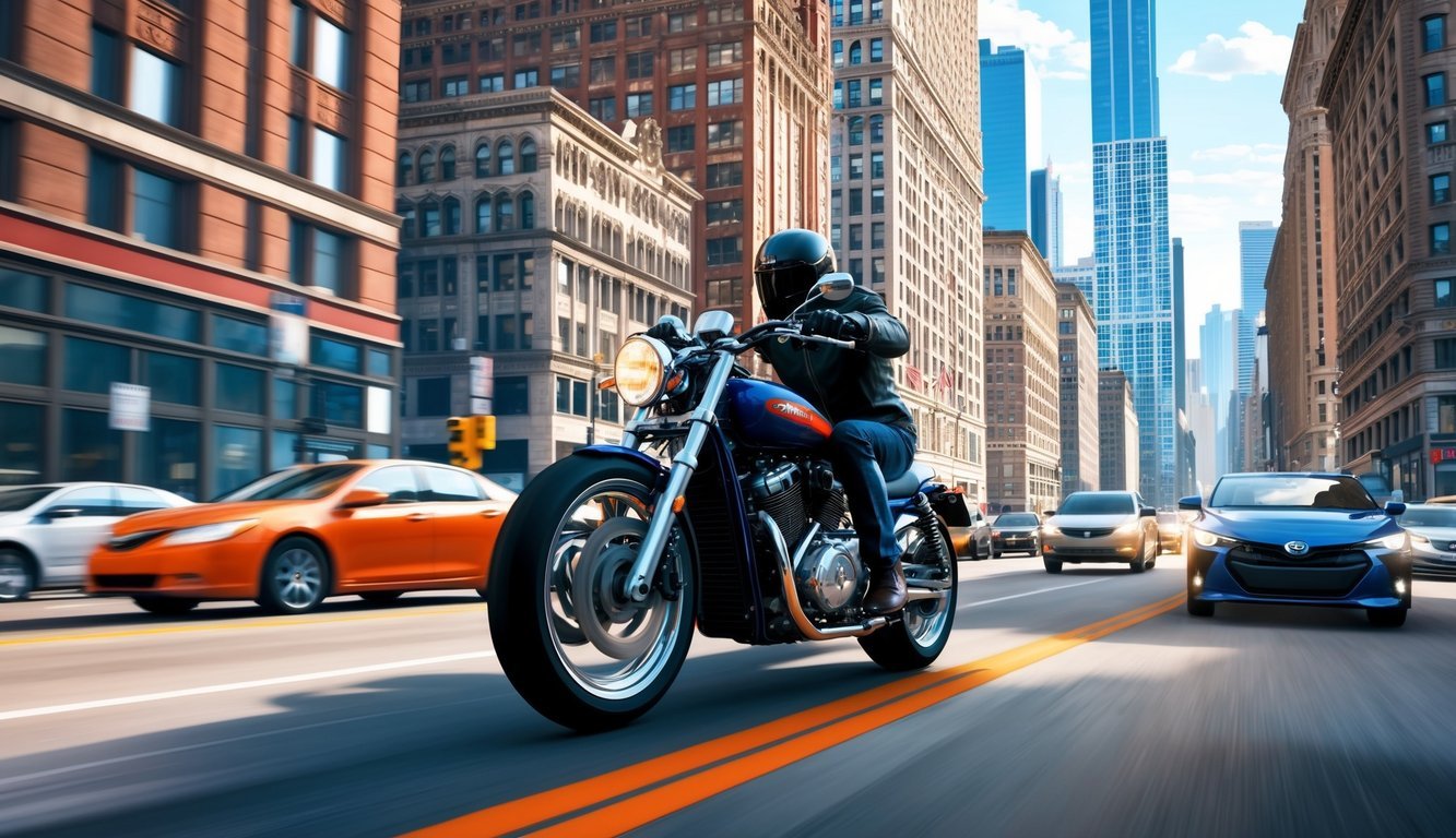 A motorcycle speeding through a busy Chicago street, surrounded by tall buildings and traffic