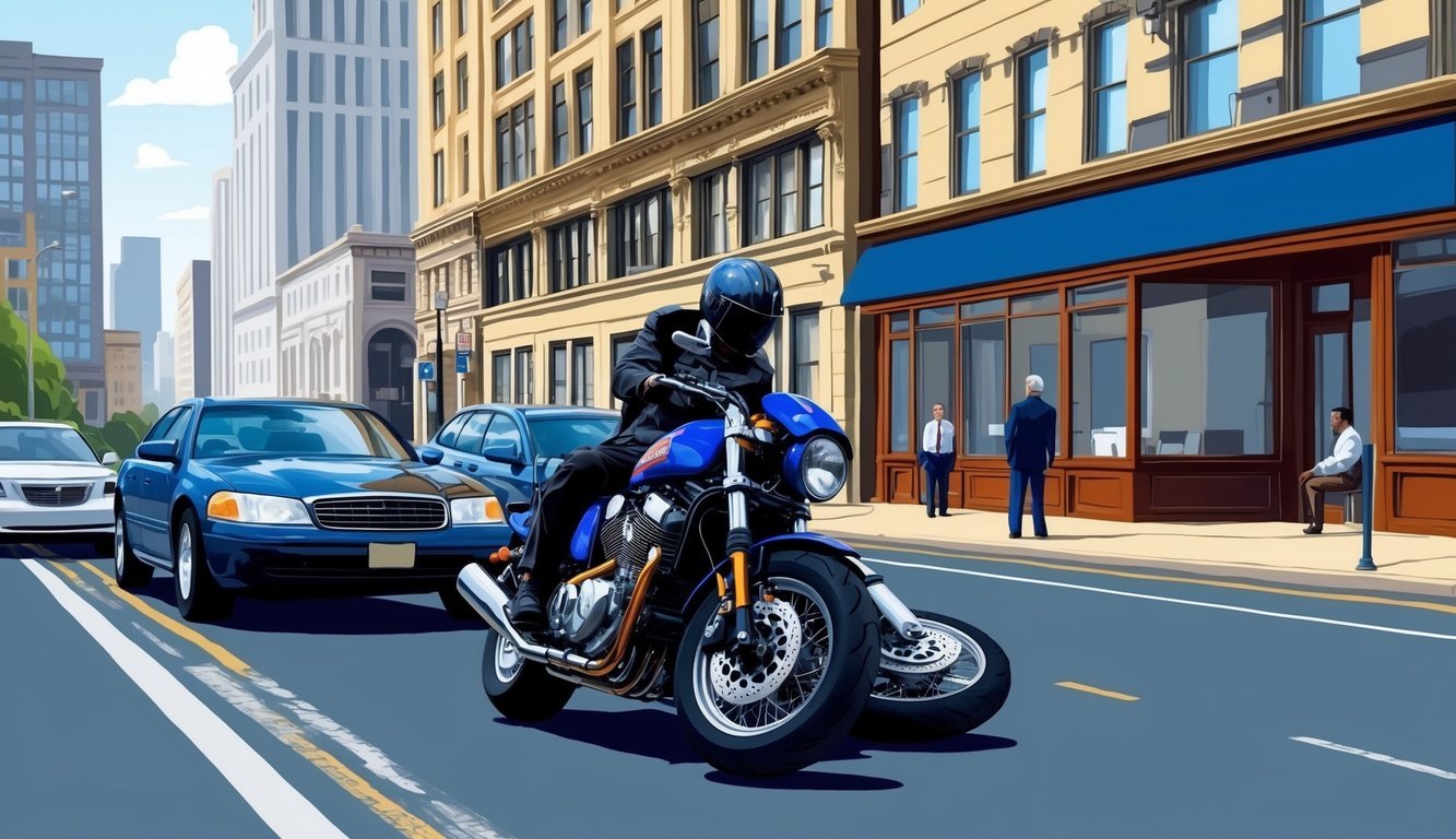 A motorcycle accident on a busy Chicago street, with a lawyer’s office in the background