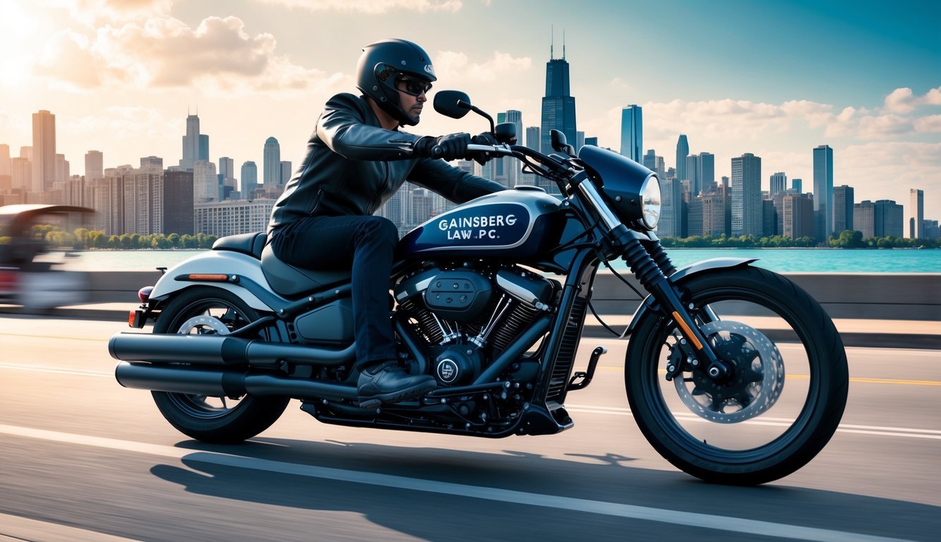 A sleek motorcycle speeding through the bustling streets of Chicago, with the iconic skyline in the background and the Gainsberg Law, P.C. logo prominently displayed on the bike