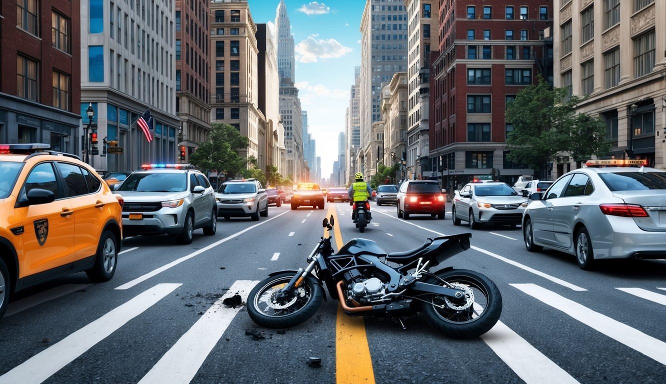 A bustling city street with a motorcycle accident scene, surrounded by tall buildings and busy traffic