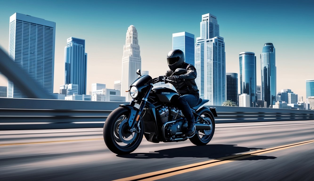 A sleek motorcycle speeding through downtown Los Angeles, with towering skyscrapers in the background