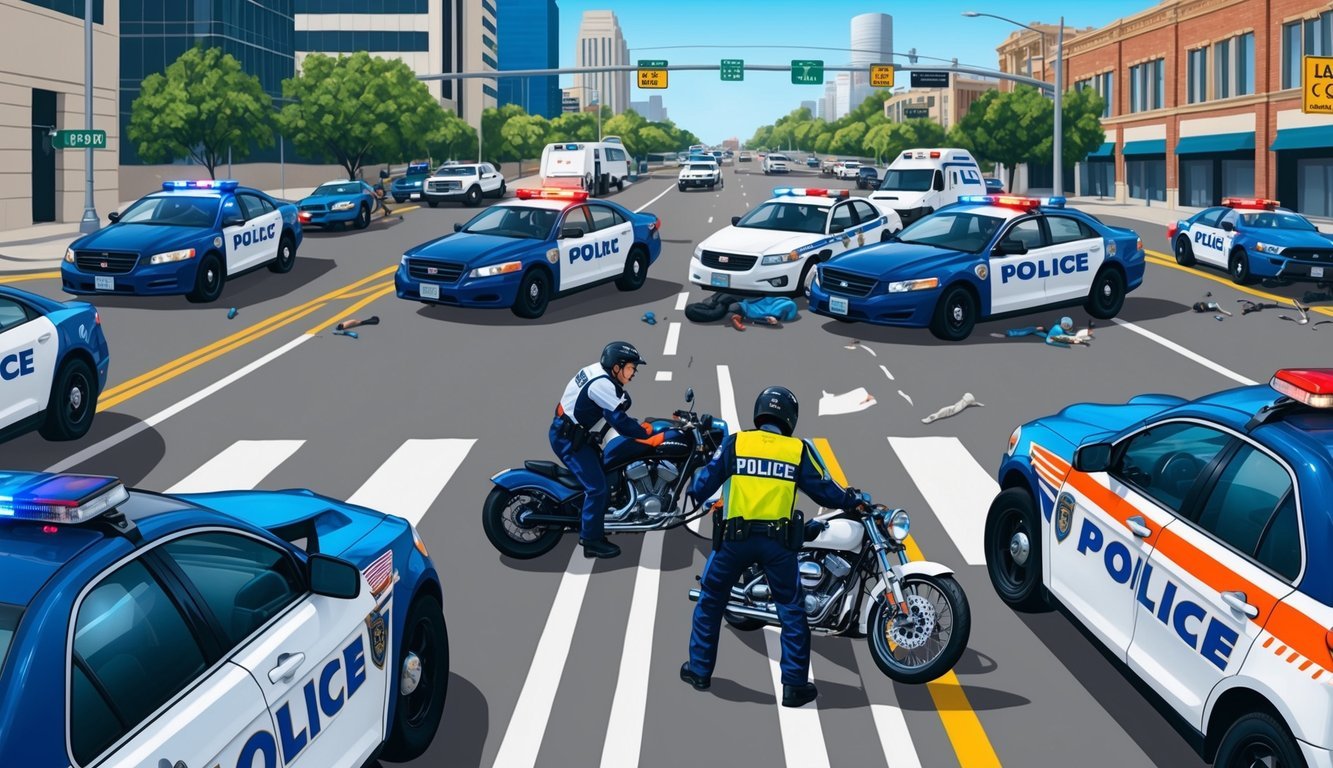 A busy Los Angeles intersection with a motorcycle accident scene, police cars, and an injured rider receiving assistance