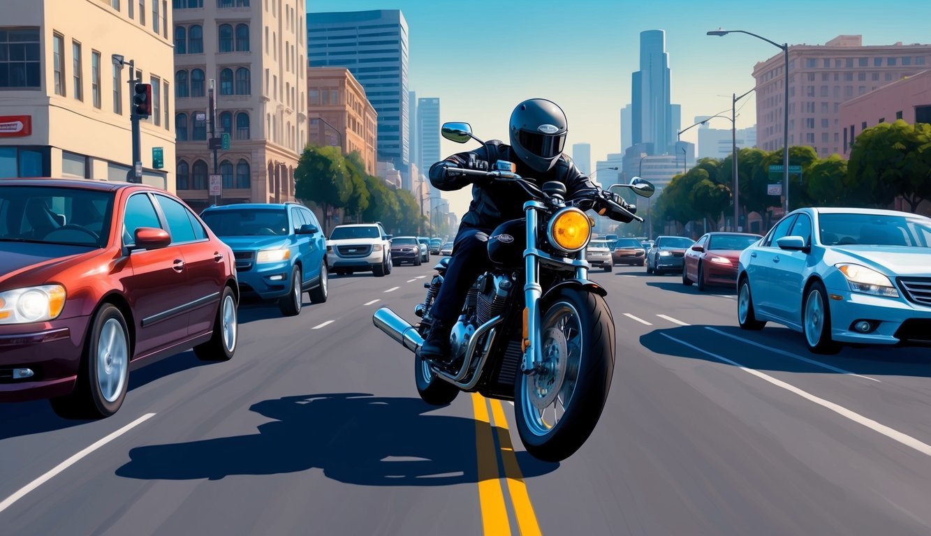 A motorcycle speeding down a busy Los Angeles street, surrounded by traffic and city buildings