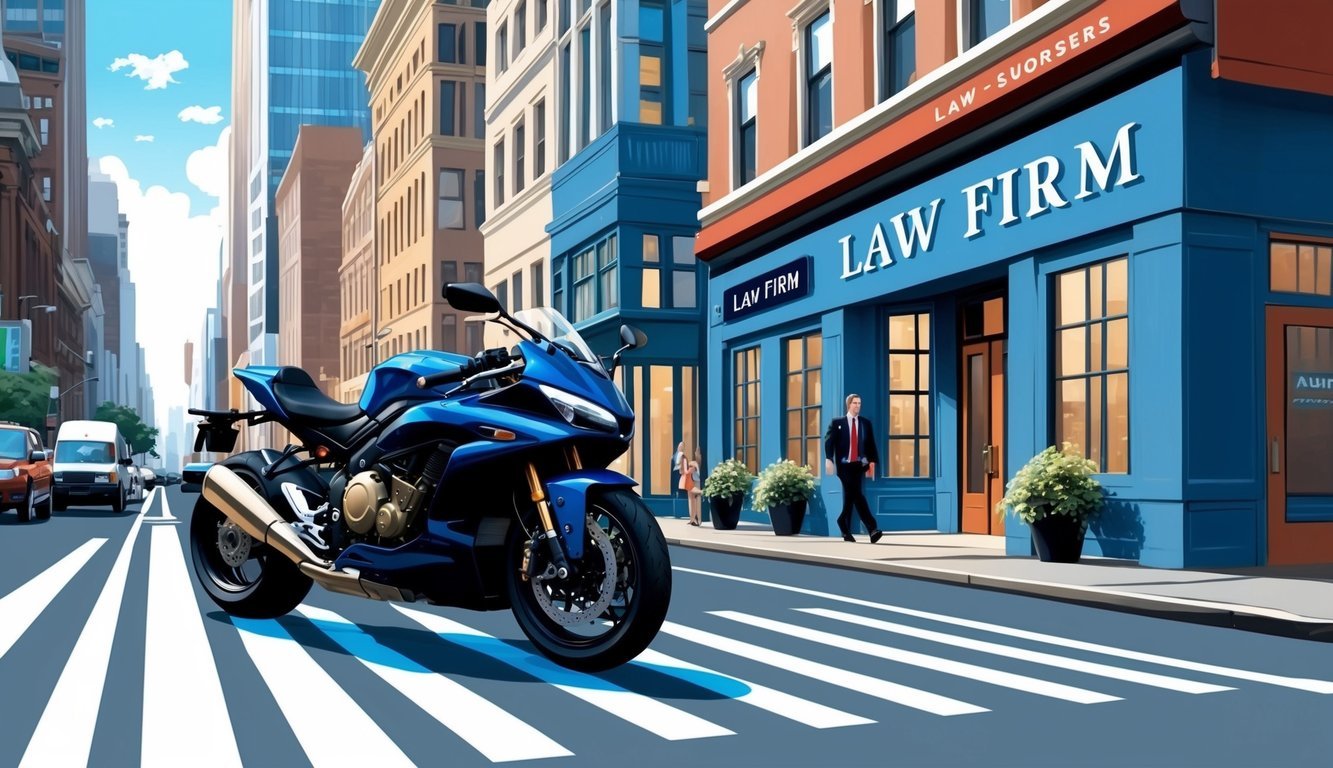 A bustling city street with a sleek motorcycle and a prominent law firm sign