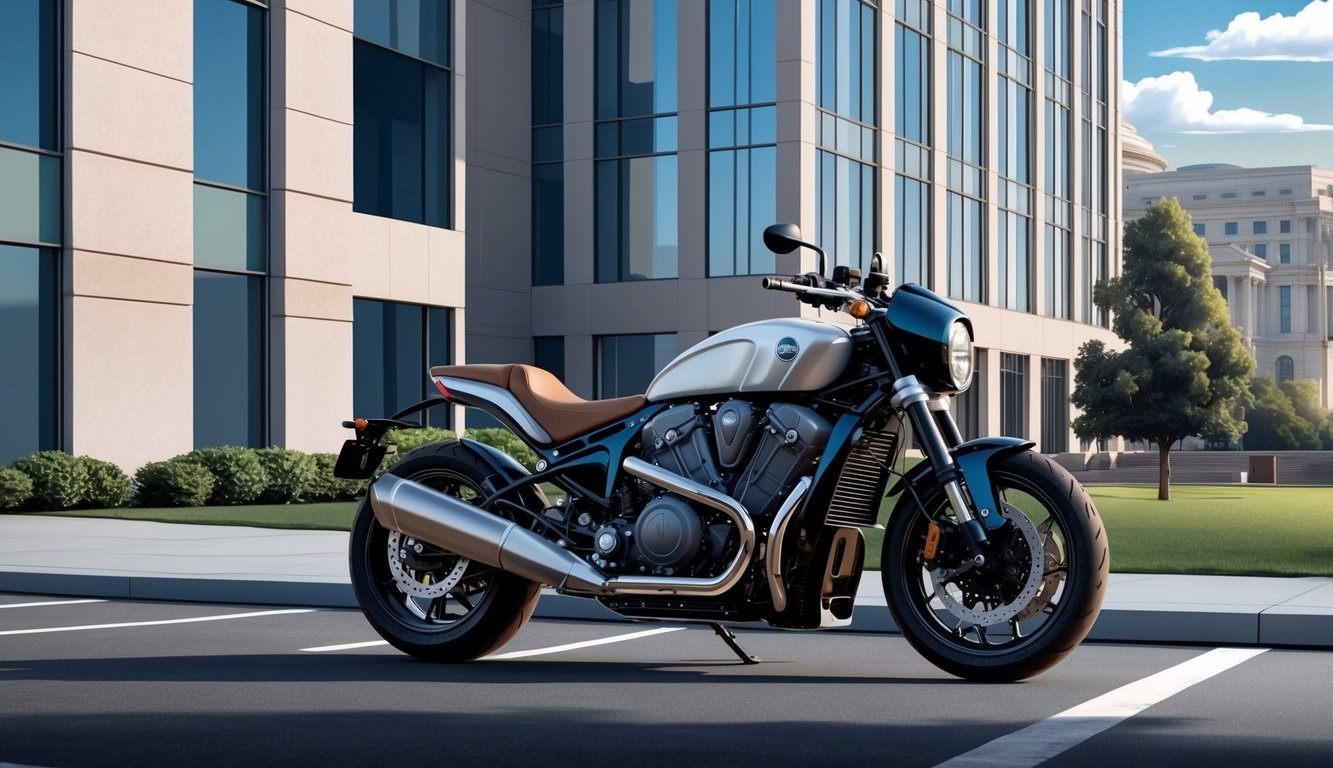 A sleek motorcycle parked outside a modern office building in Washington DC