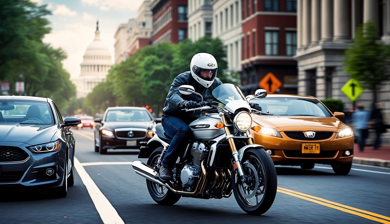 A motorcycle speeding down a busy street in Washington DC, narrowly avoiding a collision with a car