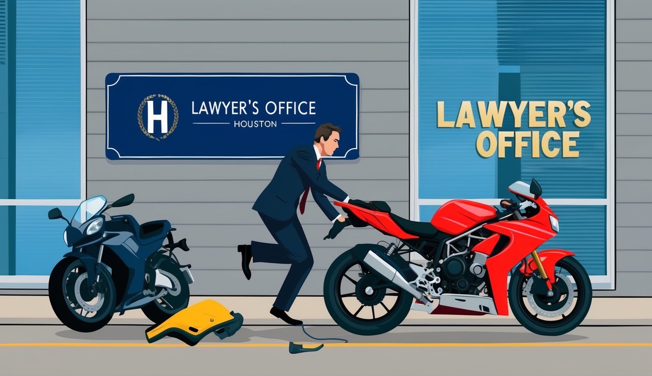 A motorcycle accident scene with a lawyer's office sign in Houston