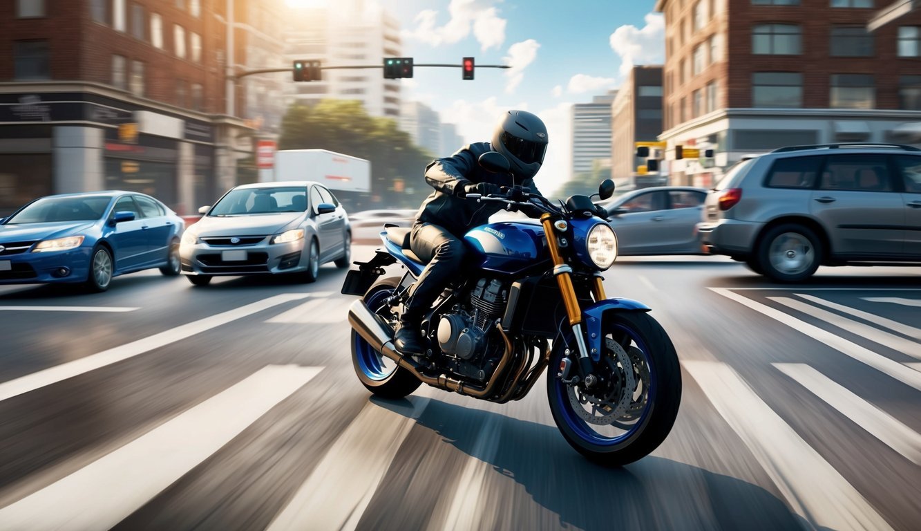 A motorcycle speeding through a busy intersection, narrowly avoiding a collision with a car