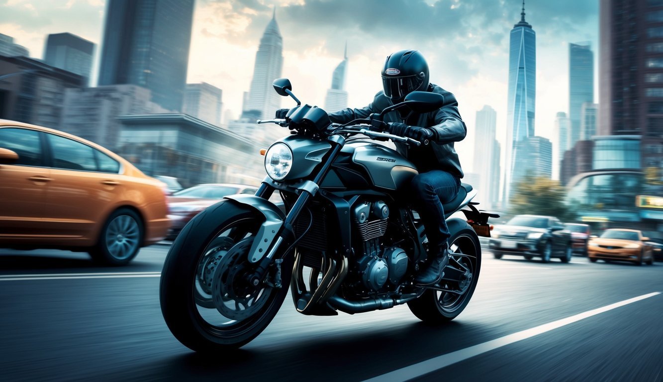 A sleek motorcycle speeding through a bustling city, with towering skyscrapers in the background and a sense of urgency in the air