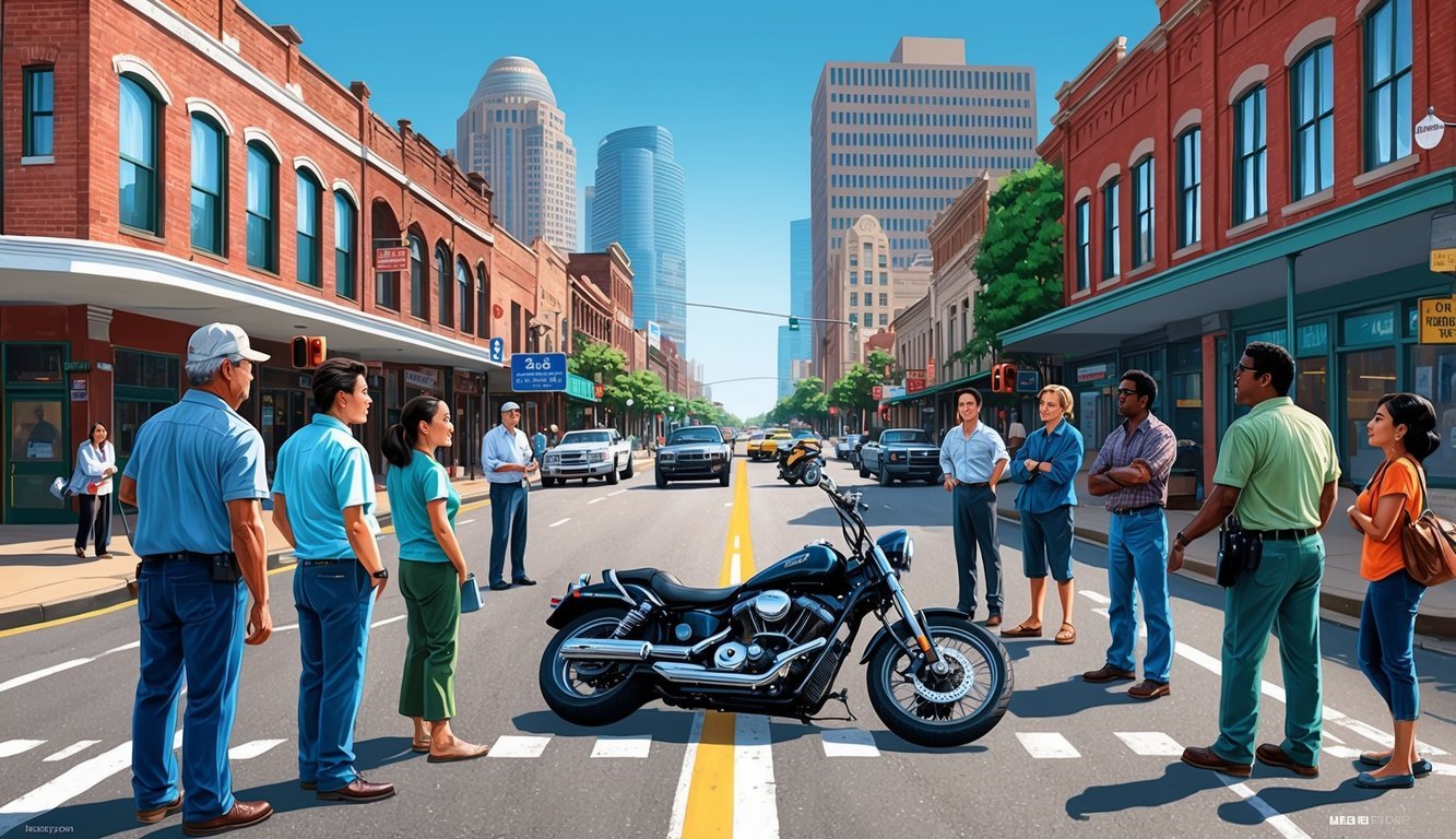 A busy Houston street, with a motorcycle on its side and a group of concerned onlookers