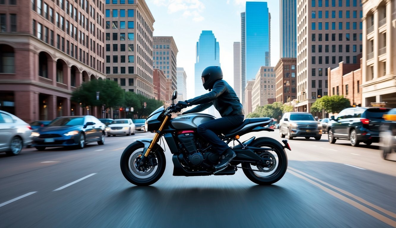 A sleek motorcycle speeding down a busy Houston street, surrounded by tall buildings and bustling traffic