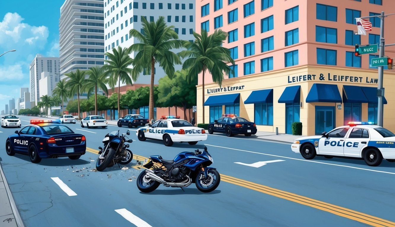 A busy Miami street with a motorcycle accident scene, police cars, and the Leifert & Leifert law office in the background