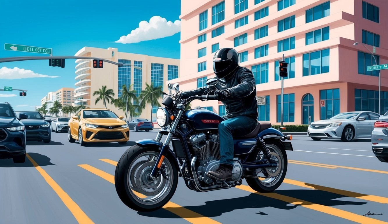 A motorcyclist navigating through Miami traffic with a legal office in the background