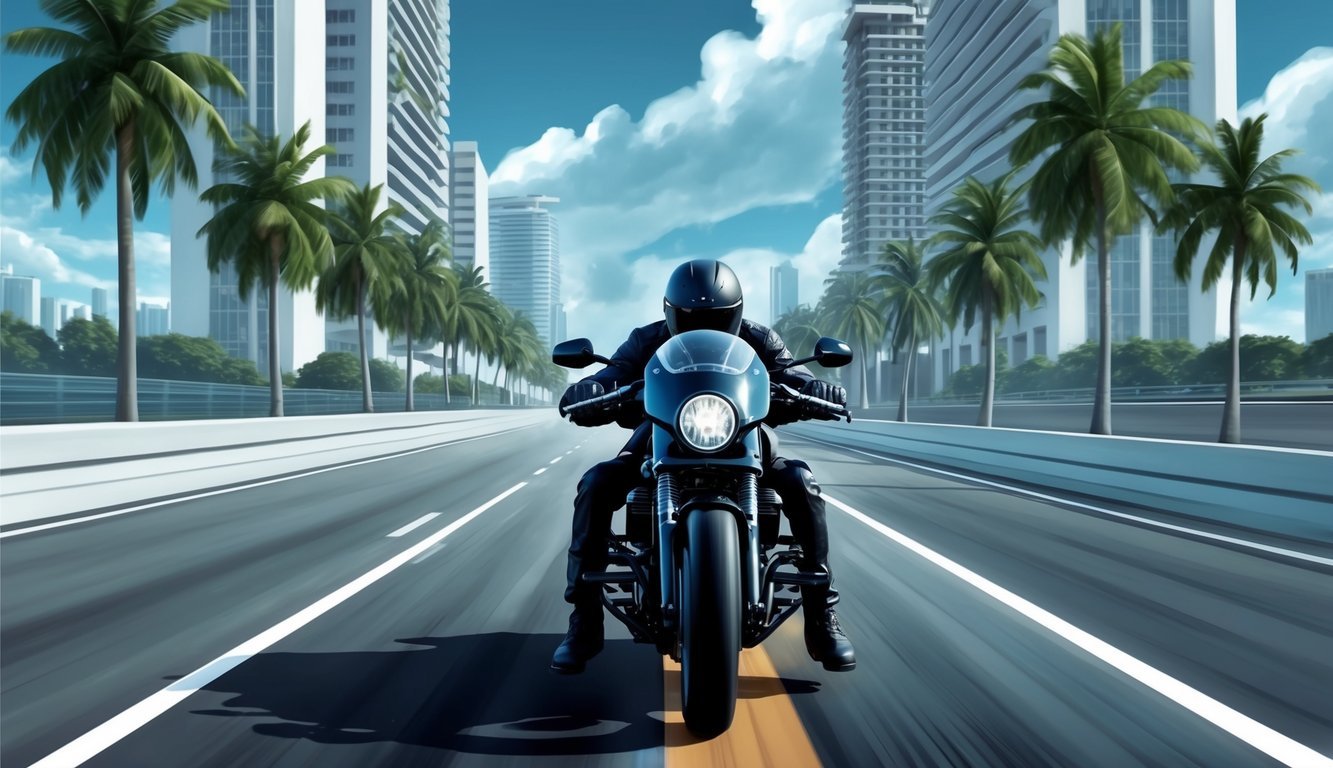 A motorcycle speeding down a Miami highway, surrounded by tall buildings and palm trees, with a sense of urgency and determination