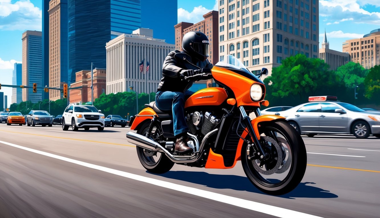 A motorcycle speeding down a busy Atlanta street, surrounded by tall buildings and traffic