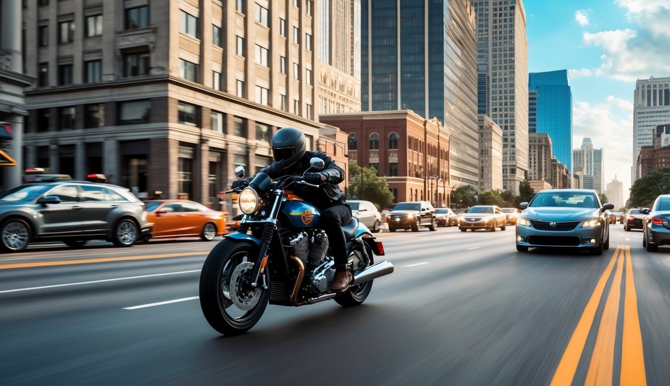 A motorcycle speeding down a busy Atlanta street, surrounded by tall buildings and bustling traffic