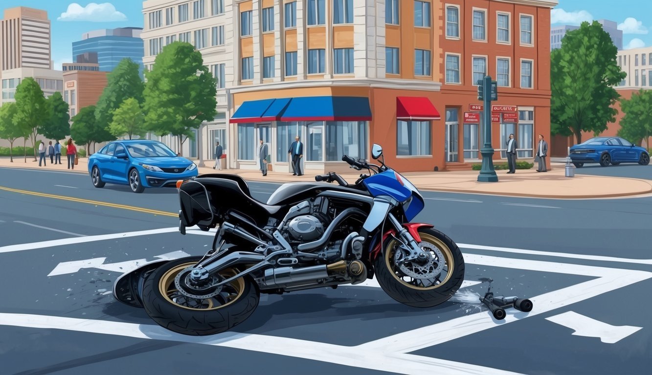 A motorcycle accident on a busy Atlanta street, with a lawyer's office in the background