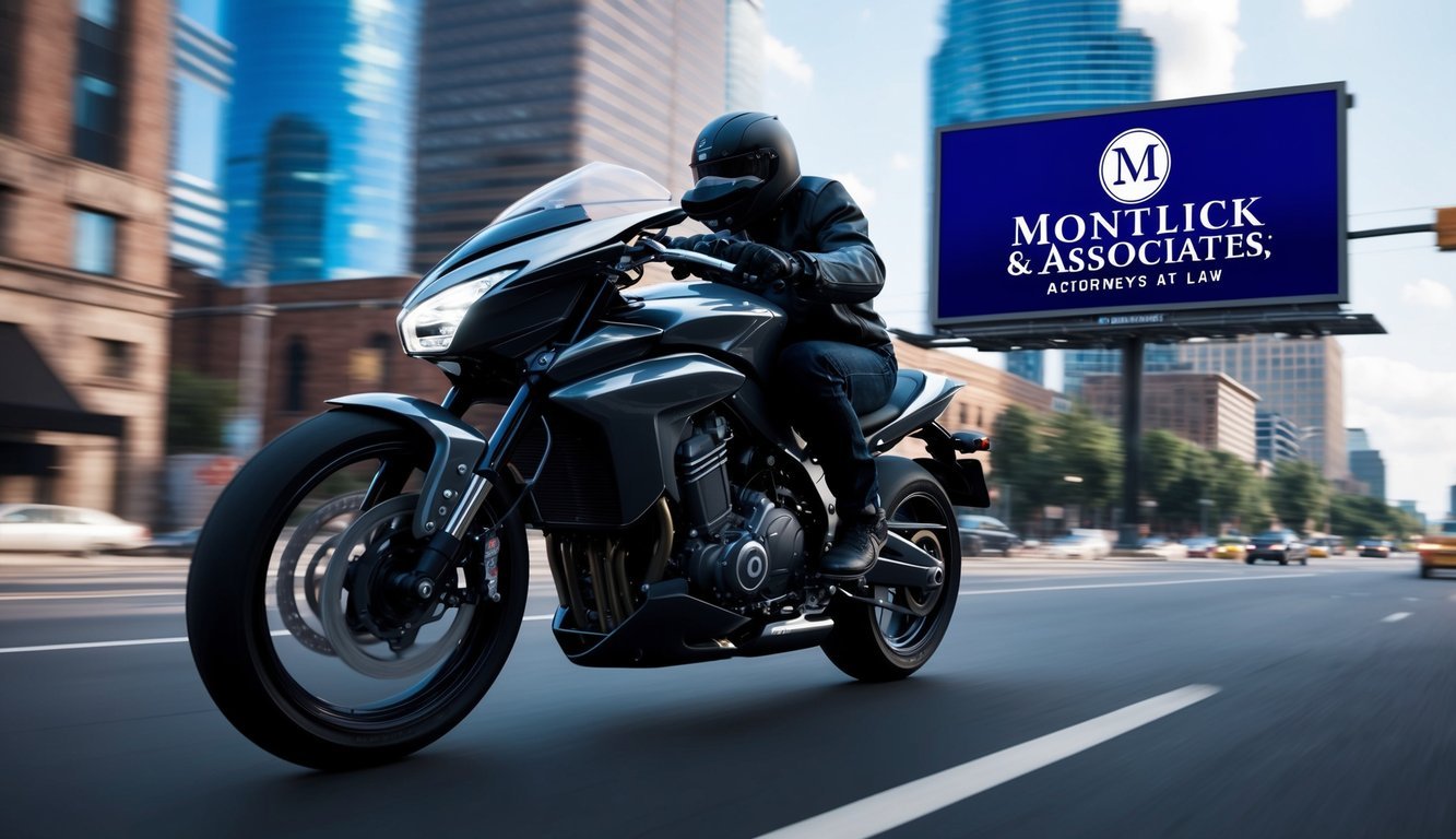 A sleek motorcycle speeding through Atlanta's city streets, with the Montlick & Associates, Attorneys at Law logo prominently displayed on a billboard in the background