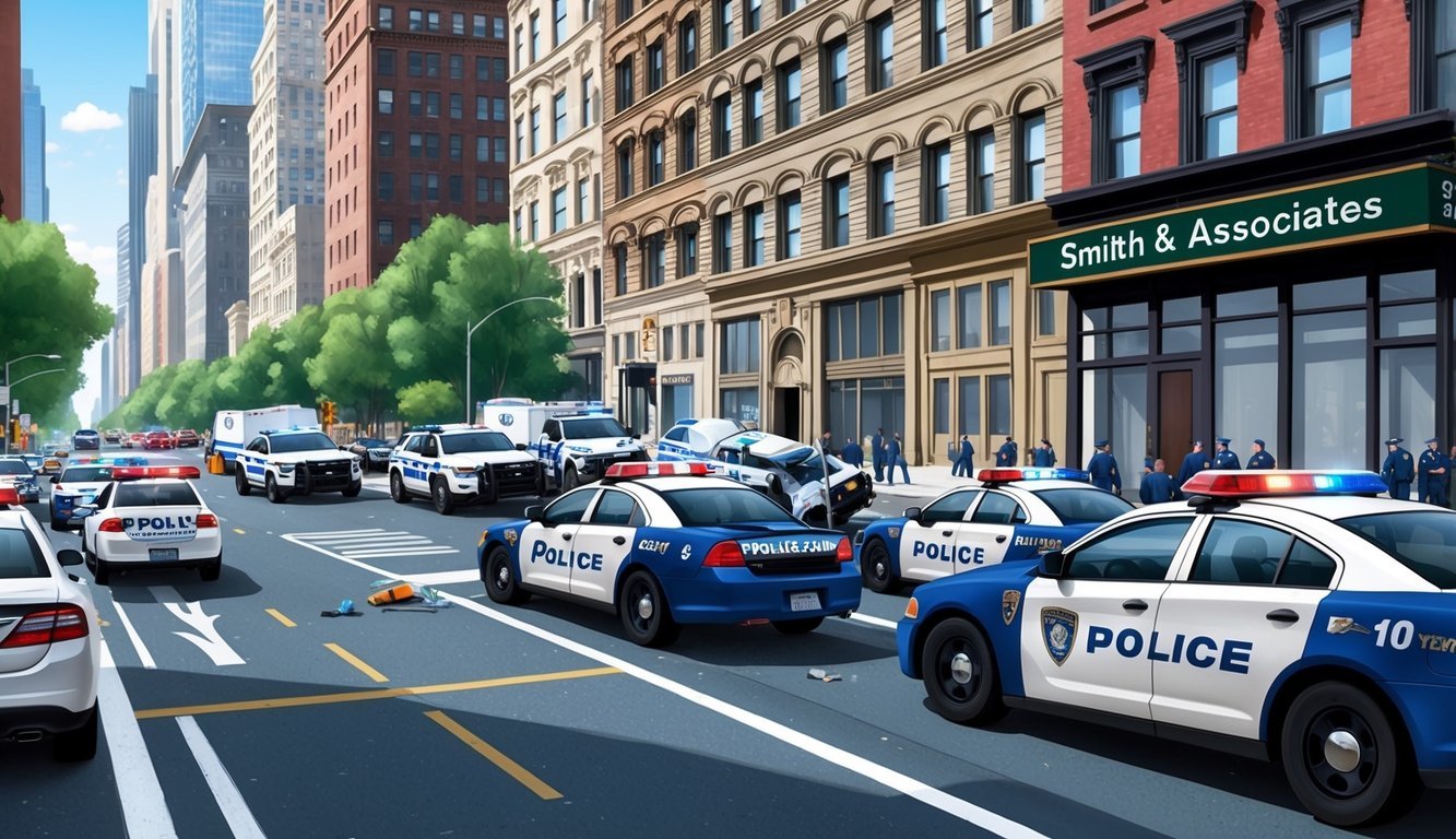 A busy New York City street with a car accident scene, police cars, and a law office sign for Smith & Associates