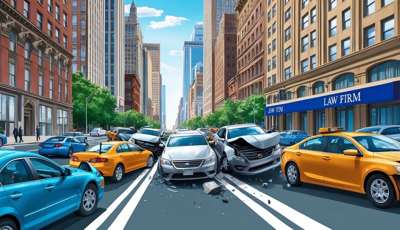 A busy New York street with cars colliding, surrounded by tall buildings and a law firm sign