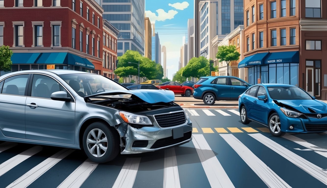 Busy city intersection with a damaged car and a lawyer's office in the background