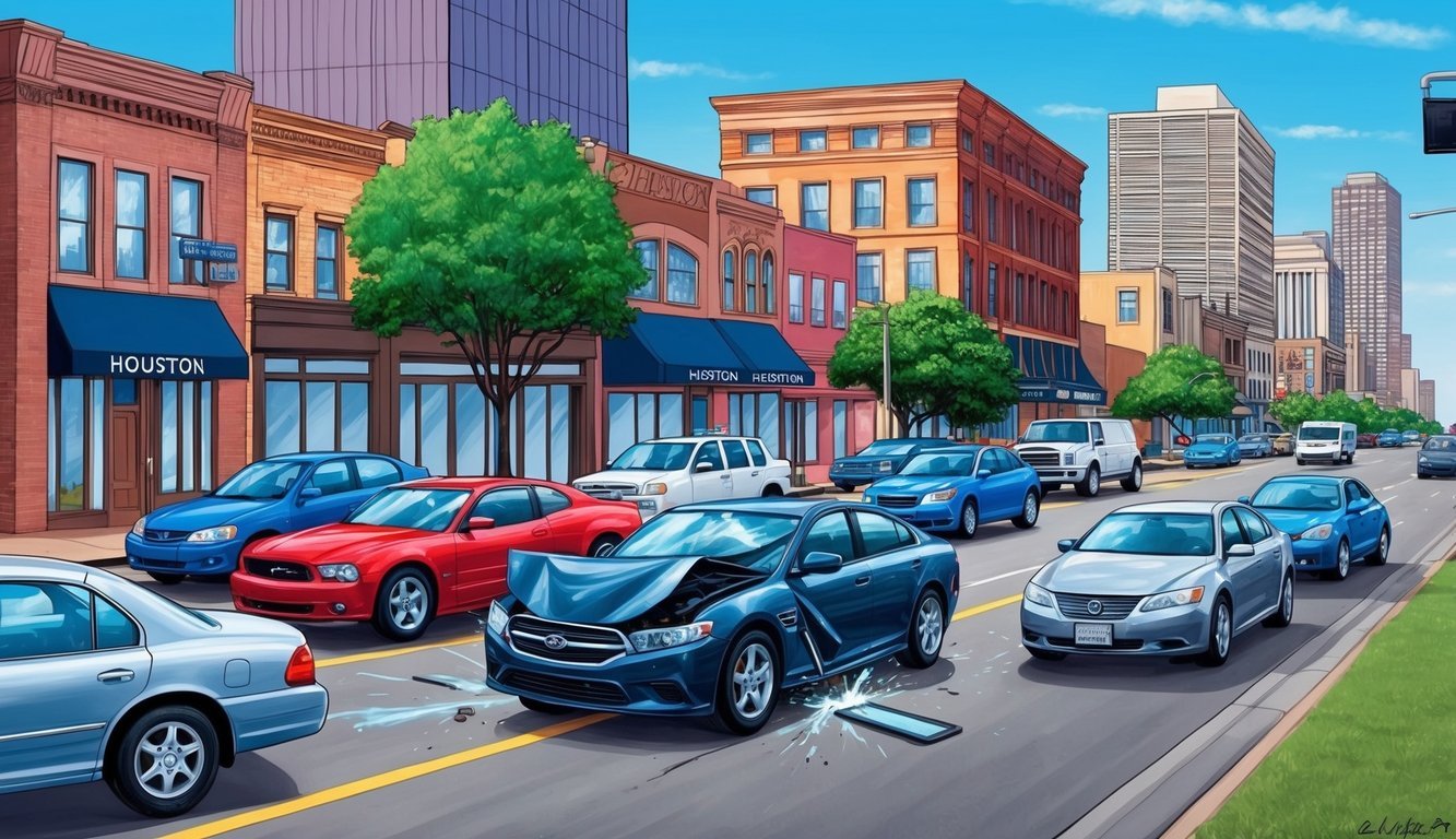 A busy Houston street with cars colliding, a lawyer's office in the background