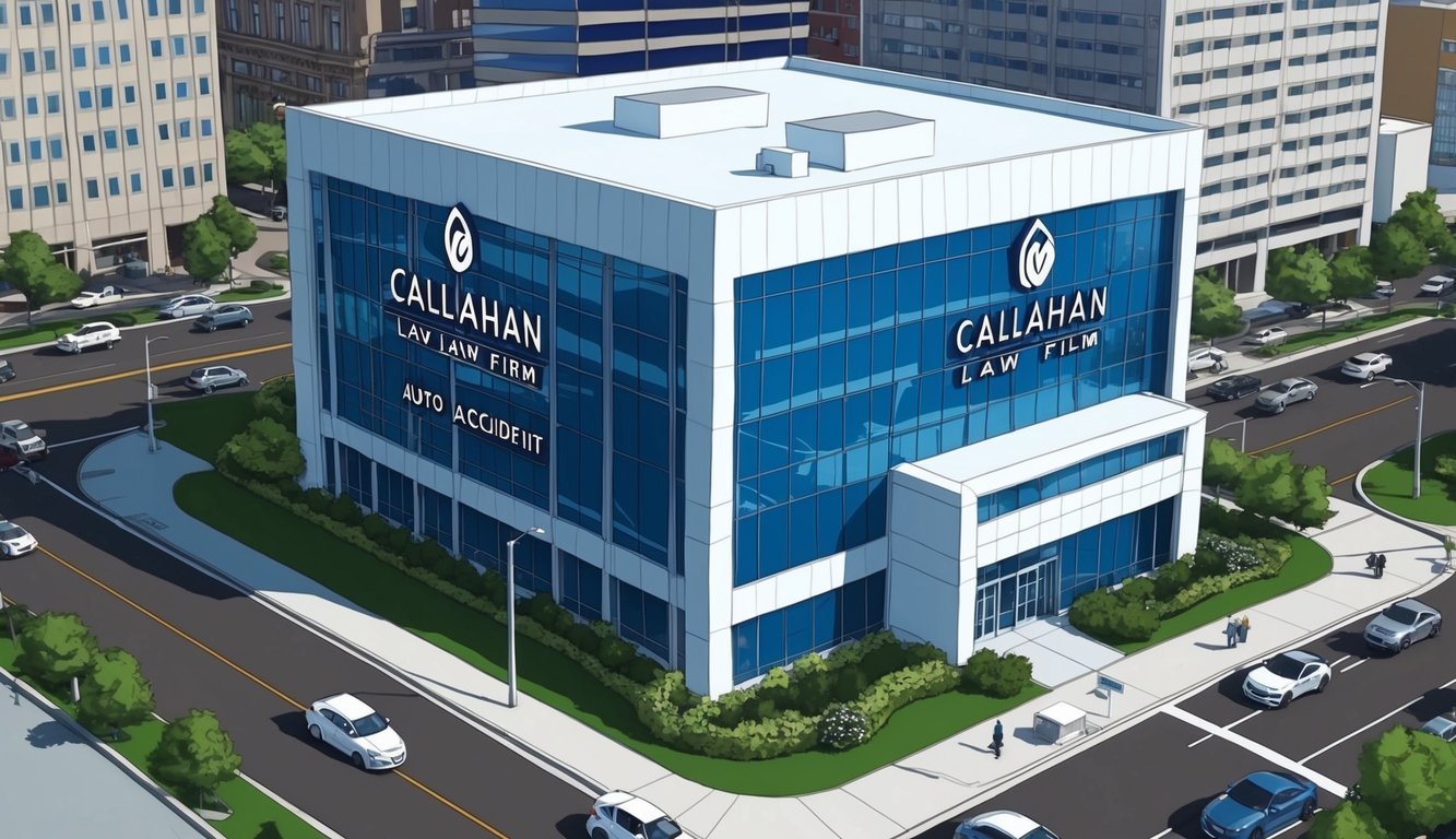 A sleek, modern office building with the Callahan Law Firm logo prominently displayed.</p><p>Surrounding streets are busy with traffic, indicating the firm's expertise in auto accident cases