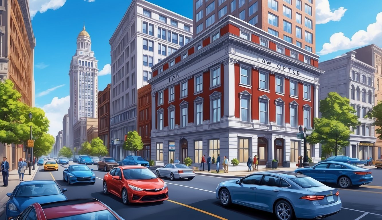 A bustling city street with cars and a prominent law office building