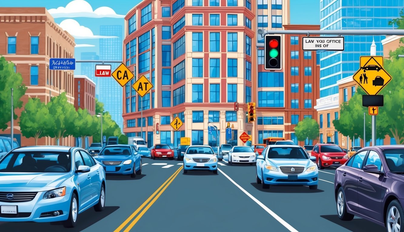 A busy city street with cars and traffic signs, a law office building in the background