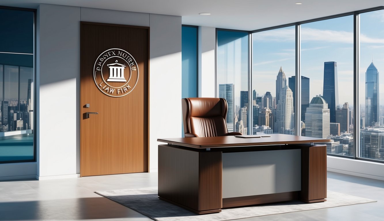 A sleek, modern office with a large desk and high-backed leather chair.</p><p>A wall of windows overlooks the city skyline, and a prestigious law firm logo adorns the door