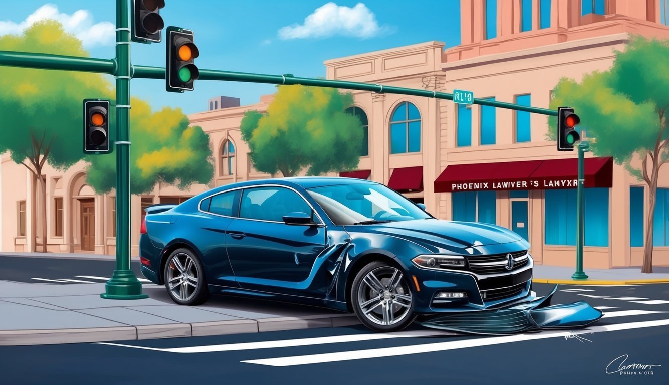 A sleek car crashed into a traffic light in downtown Phoenix, with a lawyer's office in the background