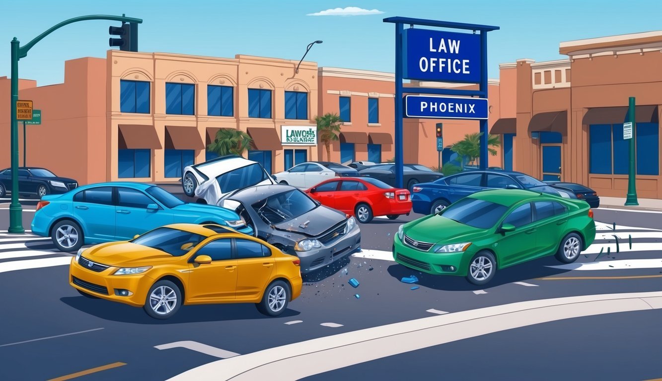 A busy intersection in Phoenix with cars colliding and a law office sign in the background