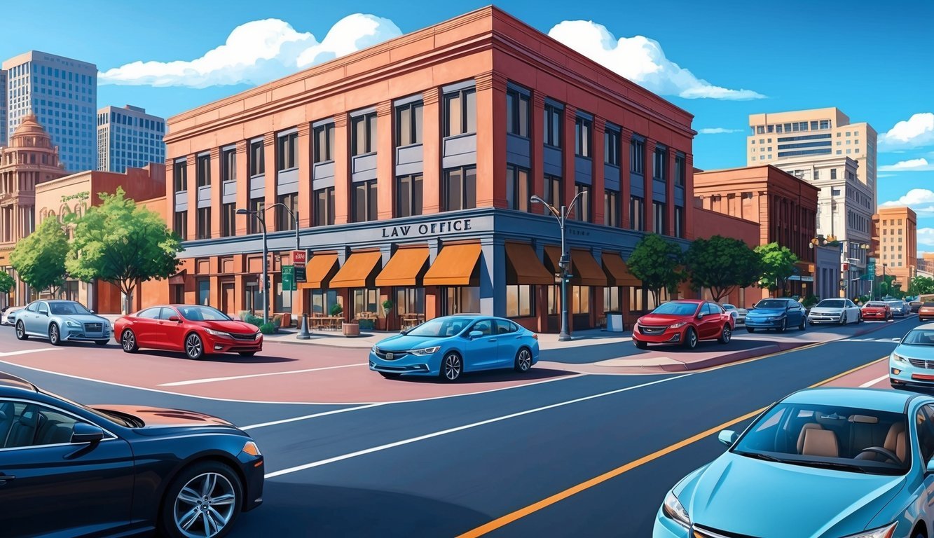 A busy city street with cars and a prominent law office building in Phoenix