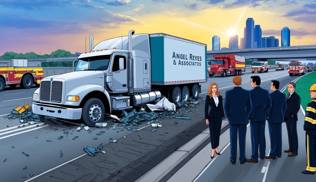 A truck crashed on a busy Dallas highway, surrounded by debris and emergency vehicles.</p><p>A group of lawyers from Angel Reyes & Associates stands nearby, assessing the scene