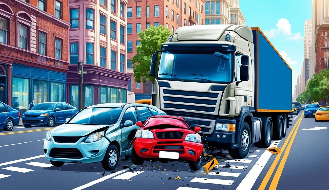 A bustling city street with a large truck and a smaller vehicle in a collision, surrounded by buildings and traffic