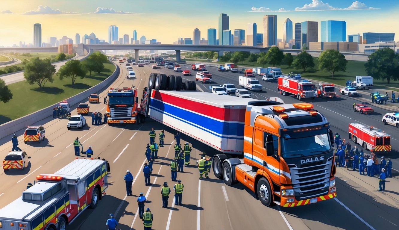 A large truck overturned on a busy Dallas highway, surrounded by emergency vehicles and a crowd of onlookers