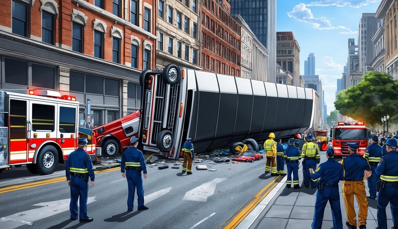 A large truck overturned on a city street, surrounded by emergency vehicles and a crowd of onlookers